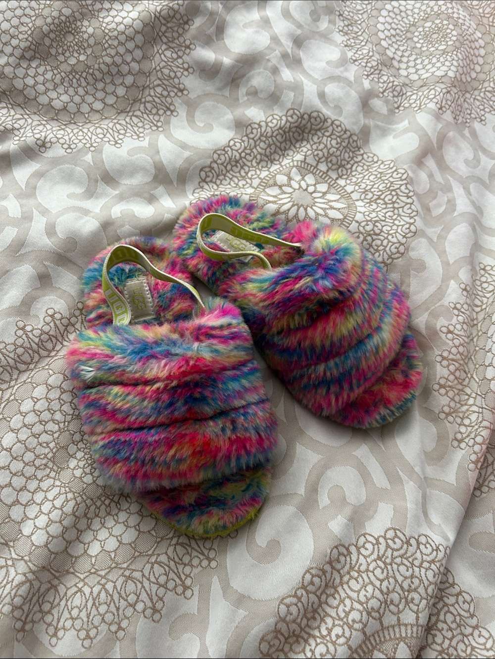 Ugg Kids Multicolor Faux Fur Slide Sandals size 30